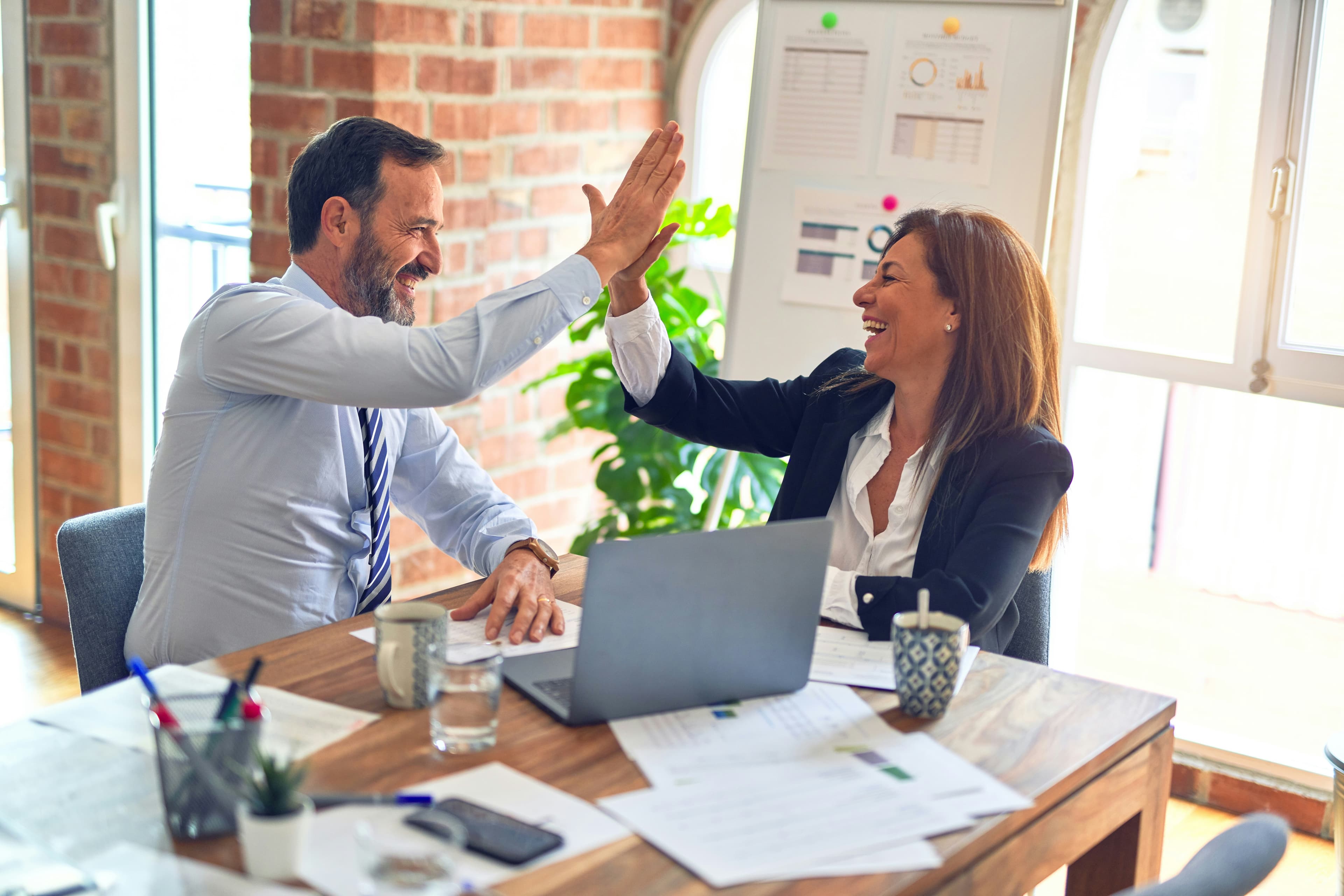 Professional team collaboration - two business professionals celebrating success